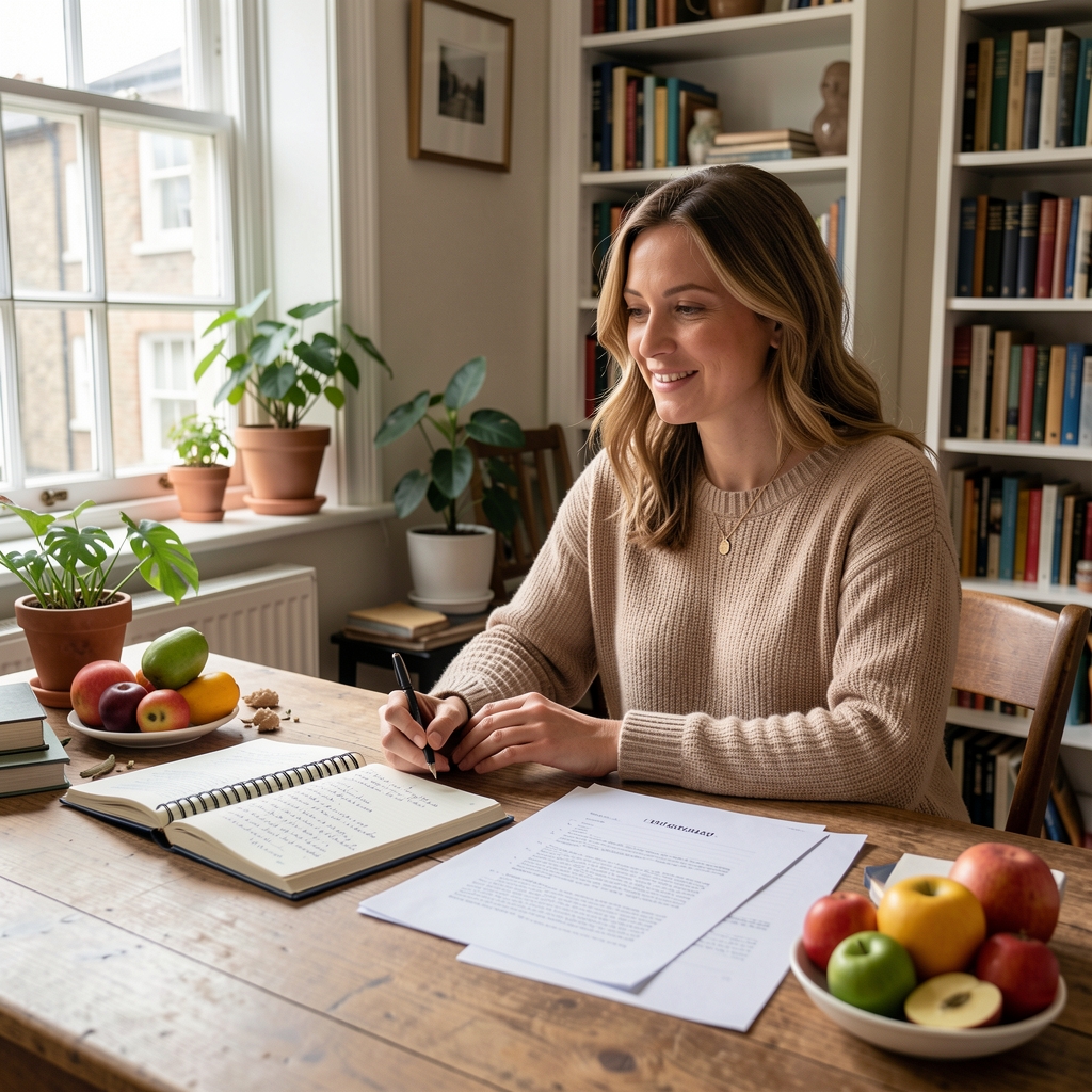 Editor seated at a wooden desk in a bright Bloomsbury study, handwritten notebook open alongside seasonal produce notes and editorial drafts in morning light