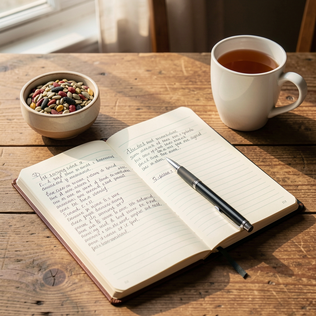 Open handwritten food journal on a wooden table next to a small bowl of mixed seeds and a cup of tea in morning light, with a pen resting across the page