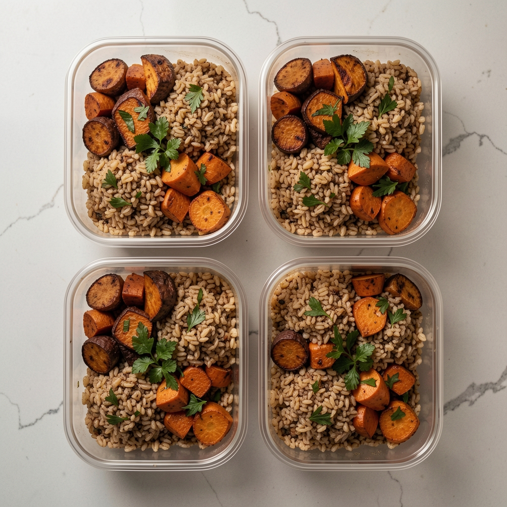 Overhead view of four meal prep containers neatly arranged on a kitchen surface, each filled with portions of roasted root vegetables, cooked grains, and green herbs
