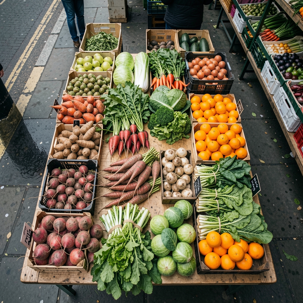 Overhead view of a seasonal produce market stall in London showing vibrant root vegetables, leafy greens, and citrus fruits arranged on a wooden table under overcast daylight