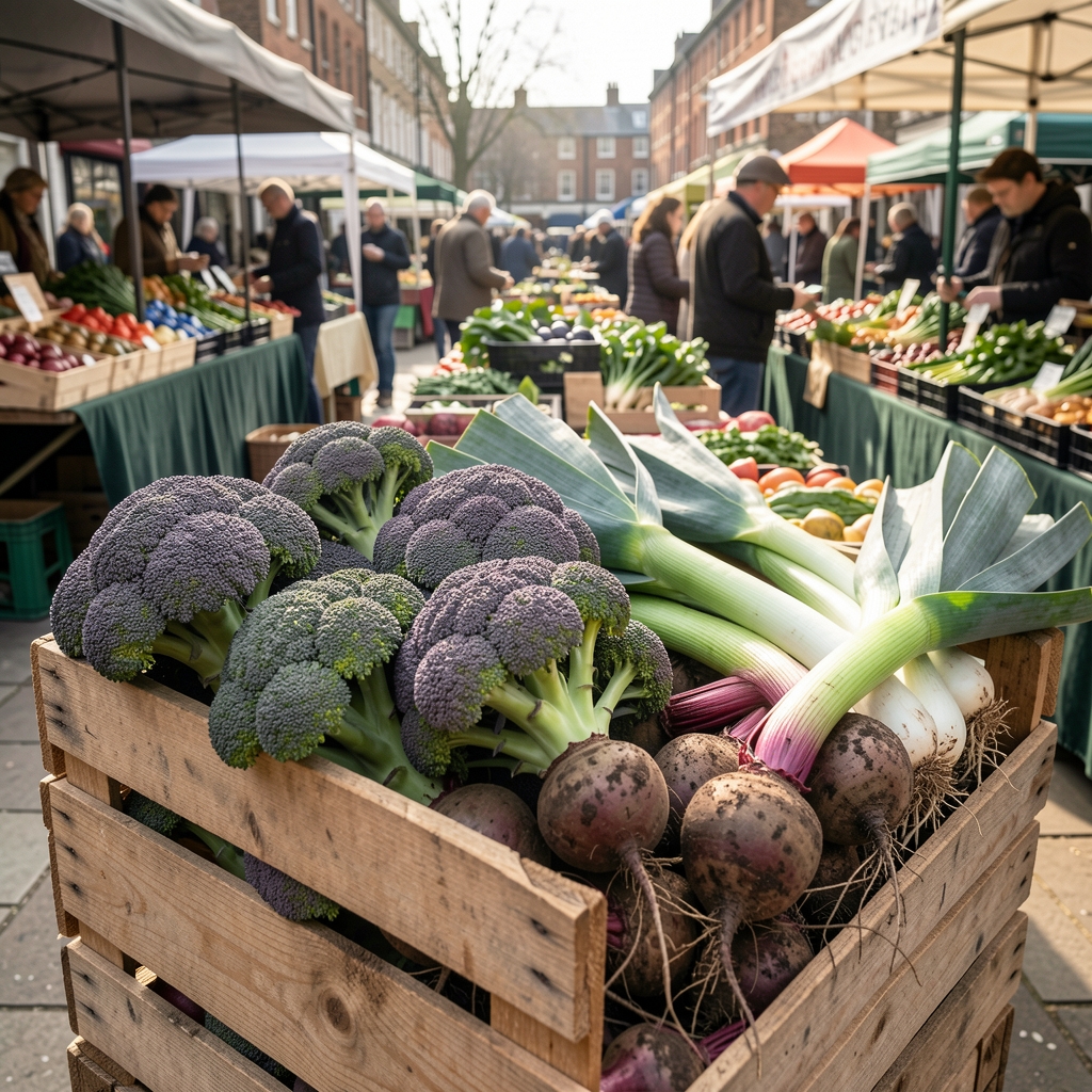 A wooden market crate overflowing with freshly harvested purple sprouting broccoli, loose leeks, and muddy beetroots at a London farmers market in early spring morning light
