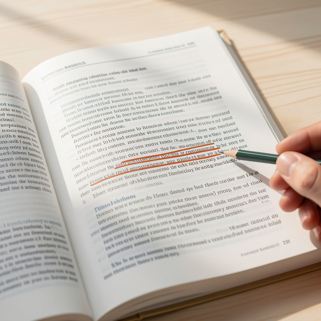 Close-up of a nutrition research journal open to a long-running dietary cohort study page, with a pencil underlining a key passage, photographed on a pale wooden surface in morning light