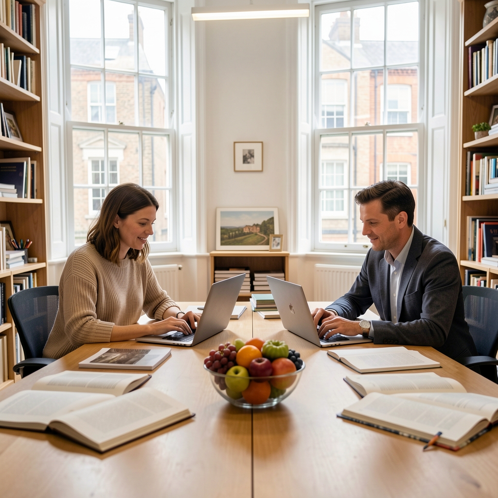 Two editors working side by side at a large table with laptops, printed manuscripts and a bowl of seasonal fruit, in a bright Bloomsbury editorial office with tall windows